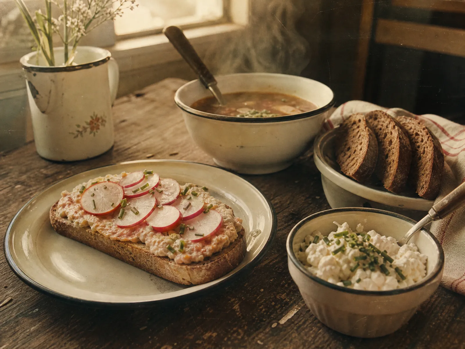 Toast s pomazánkou, polévka a chléb na dřevěném stole