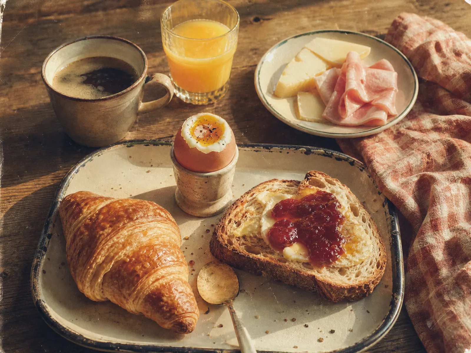 Snídaně: croissant, vajíčko, toast s džemem a káva